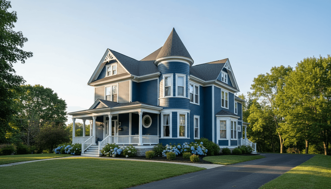 Restored house with fresh paint and natural lighting, set against clean background.