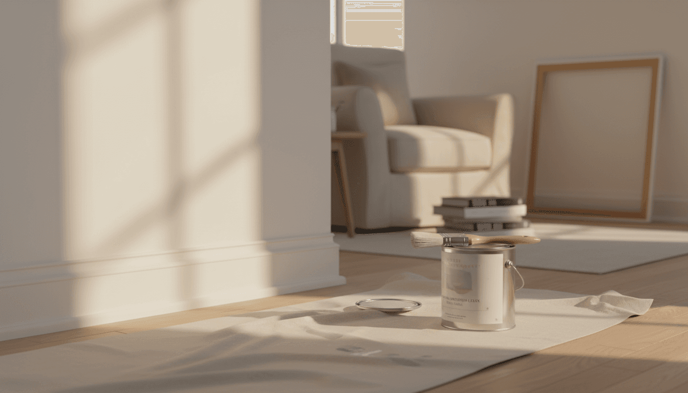 Professional painter's tools with freshly painted interior wall in natural light