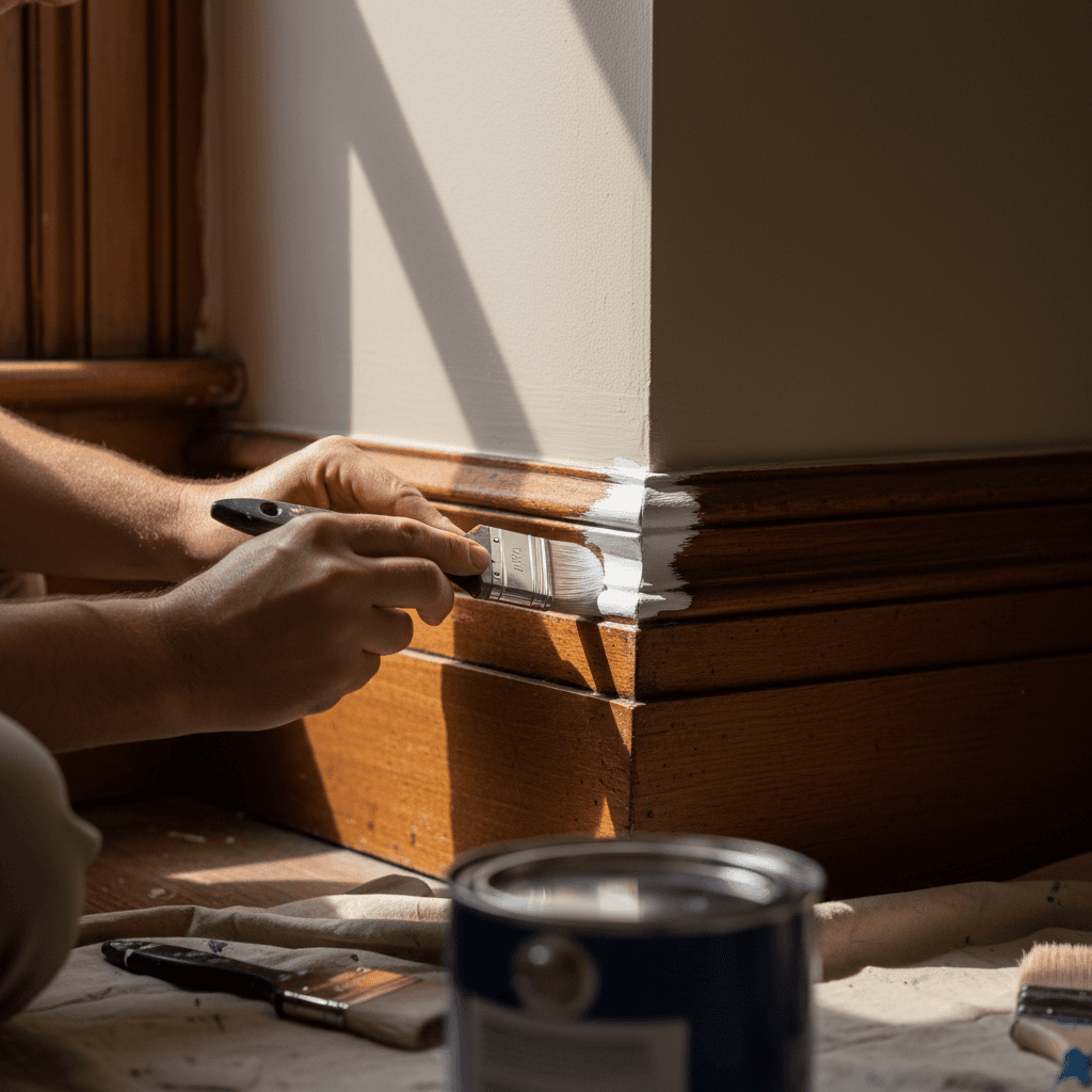 Detailed trim painting on historic baseboards