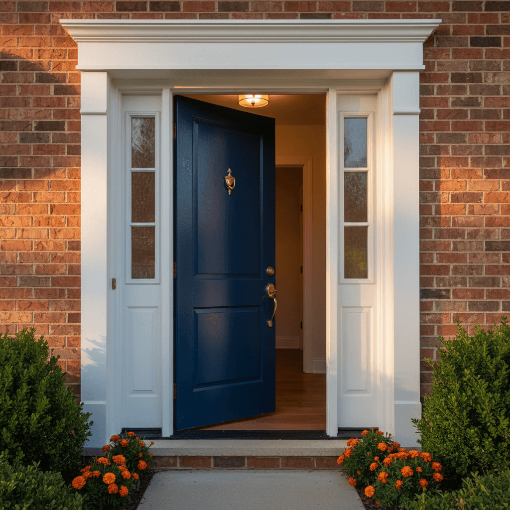 Freshly painted residential front door in navy blue