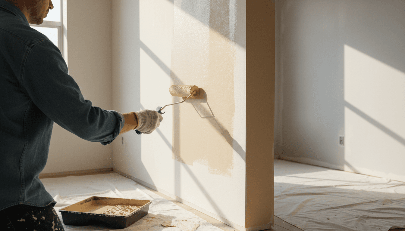 Professional painter applying fresh paint to interior wall with roller