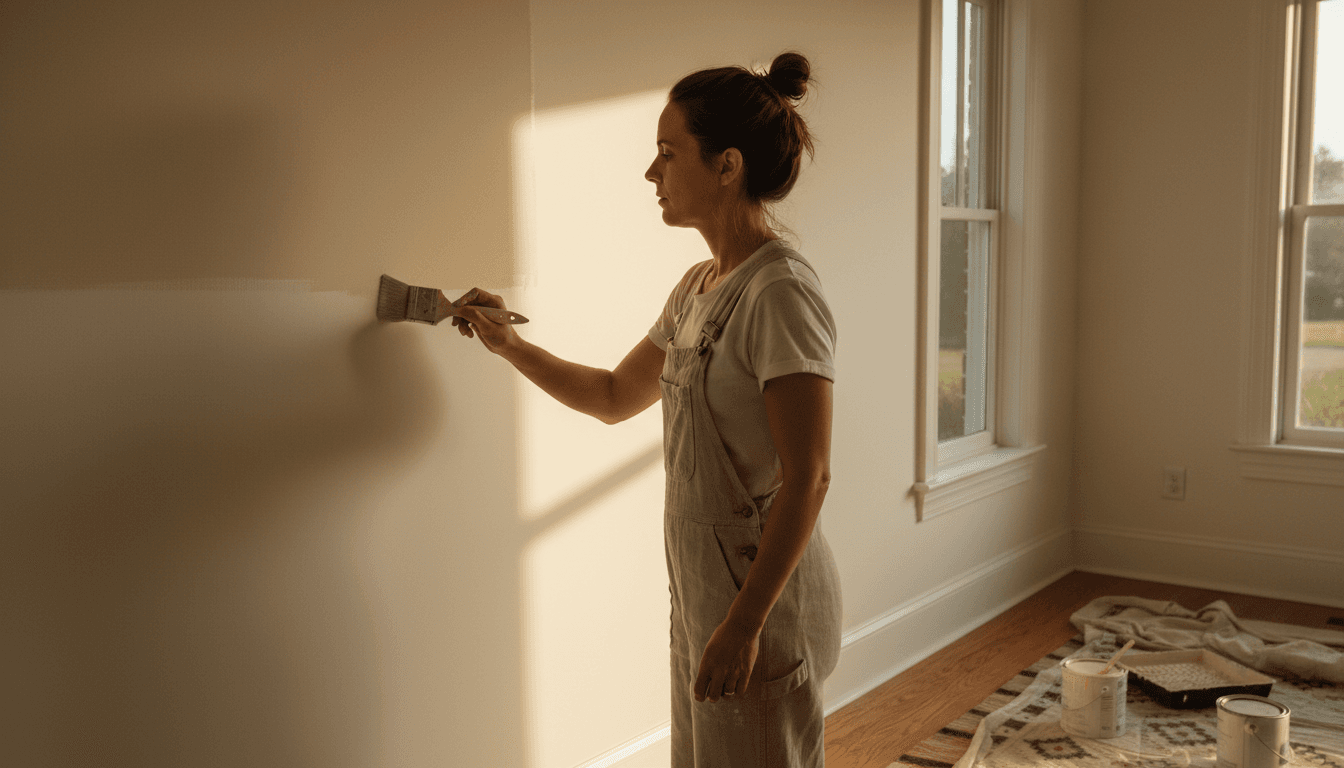 Professional painter applying finish to interior wall with natural light