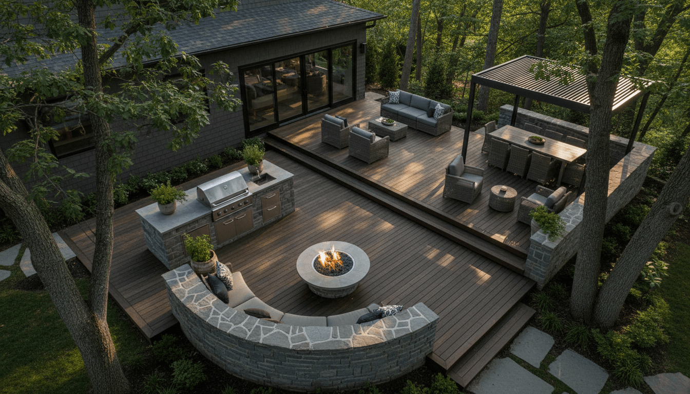 Aerial view of completed residential outdoor living area with deck, stone walls, fire feature, and integrated seating zones at dusk