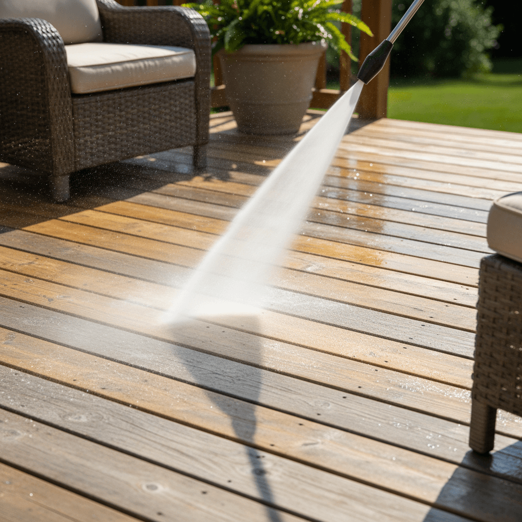 Power washing residential wooden deck, revealing restored wood grain and surface detail with water spray